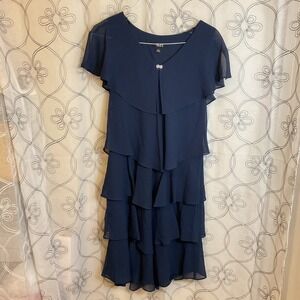 Women's SLNY Navy Ruffle Tiered Sleeveless Dress V-Neck Size 12